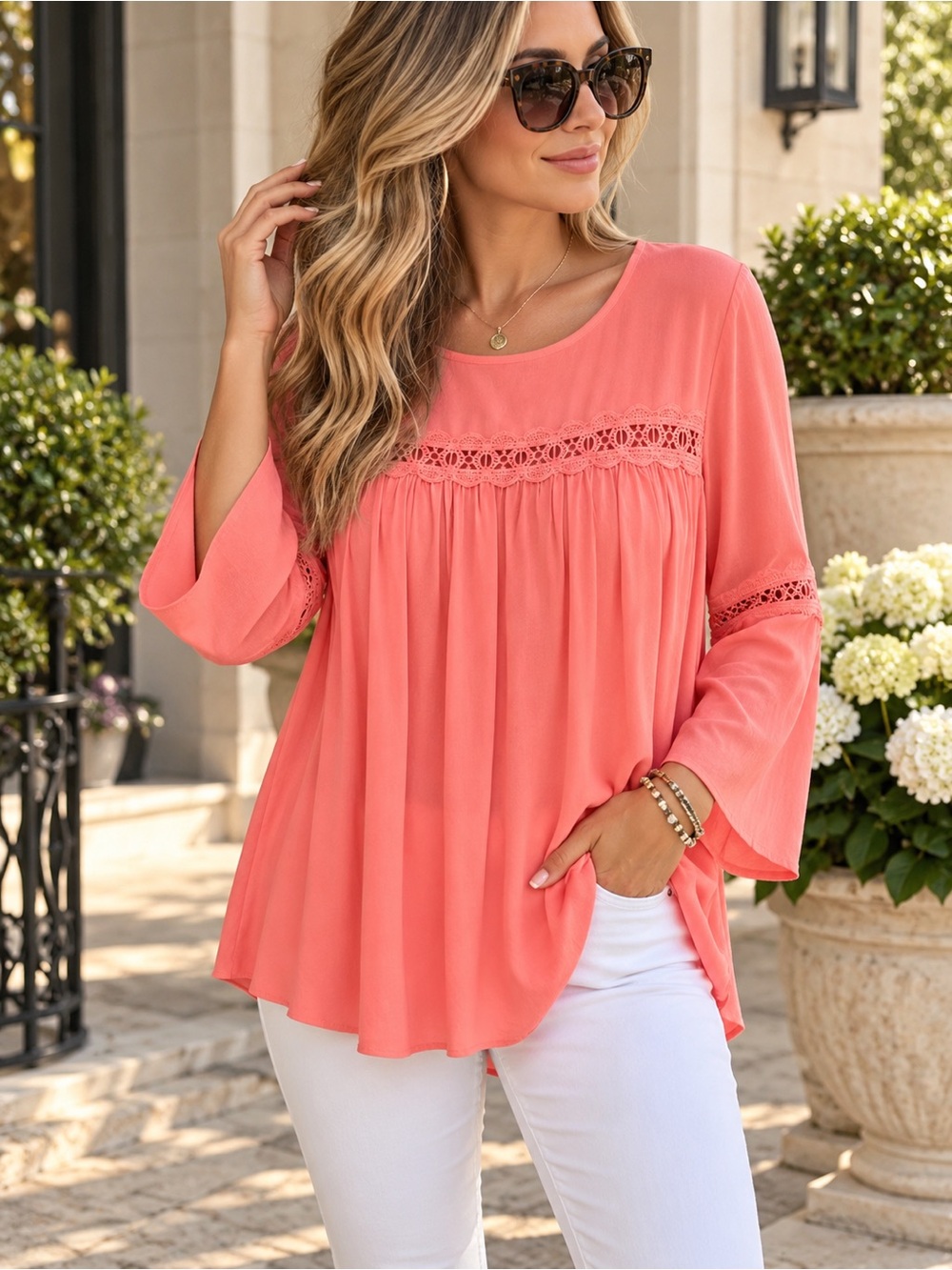 Melissa Paige Coral Pink Lace Trim Boho Tunic Blouse Bell Sleeves M Feminine